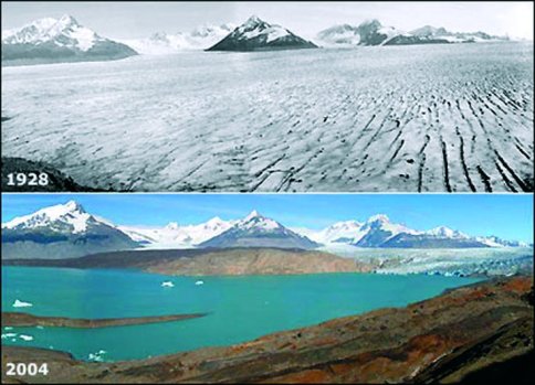 Derretimiento de los glaciares, foto antes (1928) y depues (2004)