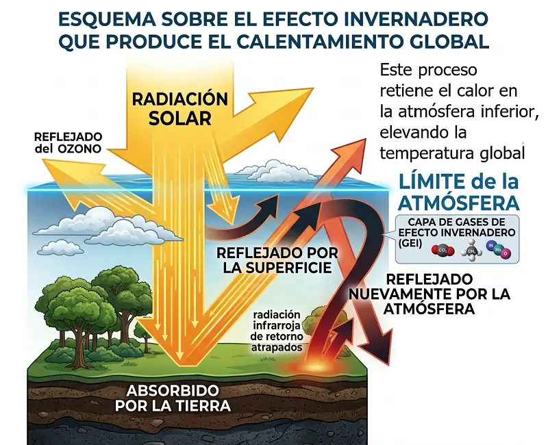 Esquema sobre el efecto invernadero que produce el calentamiento global