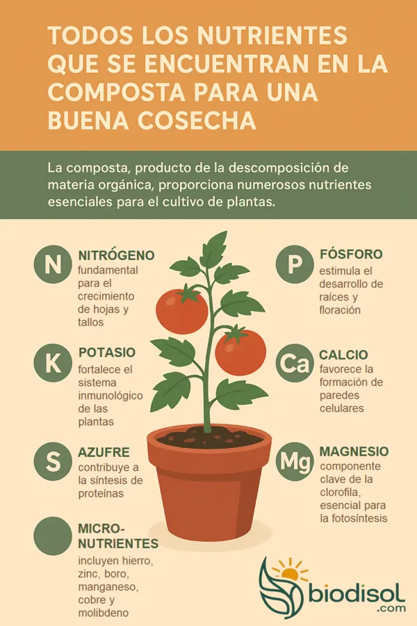 Infografía nutrientes que aporta la composta para lograr una buena cosecha